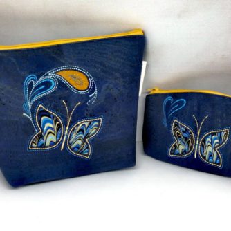 Duo trousse porte monnaie liège bleu brodés papillon